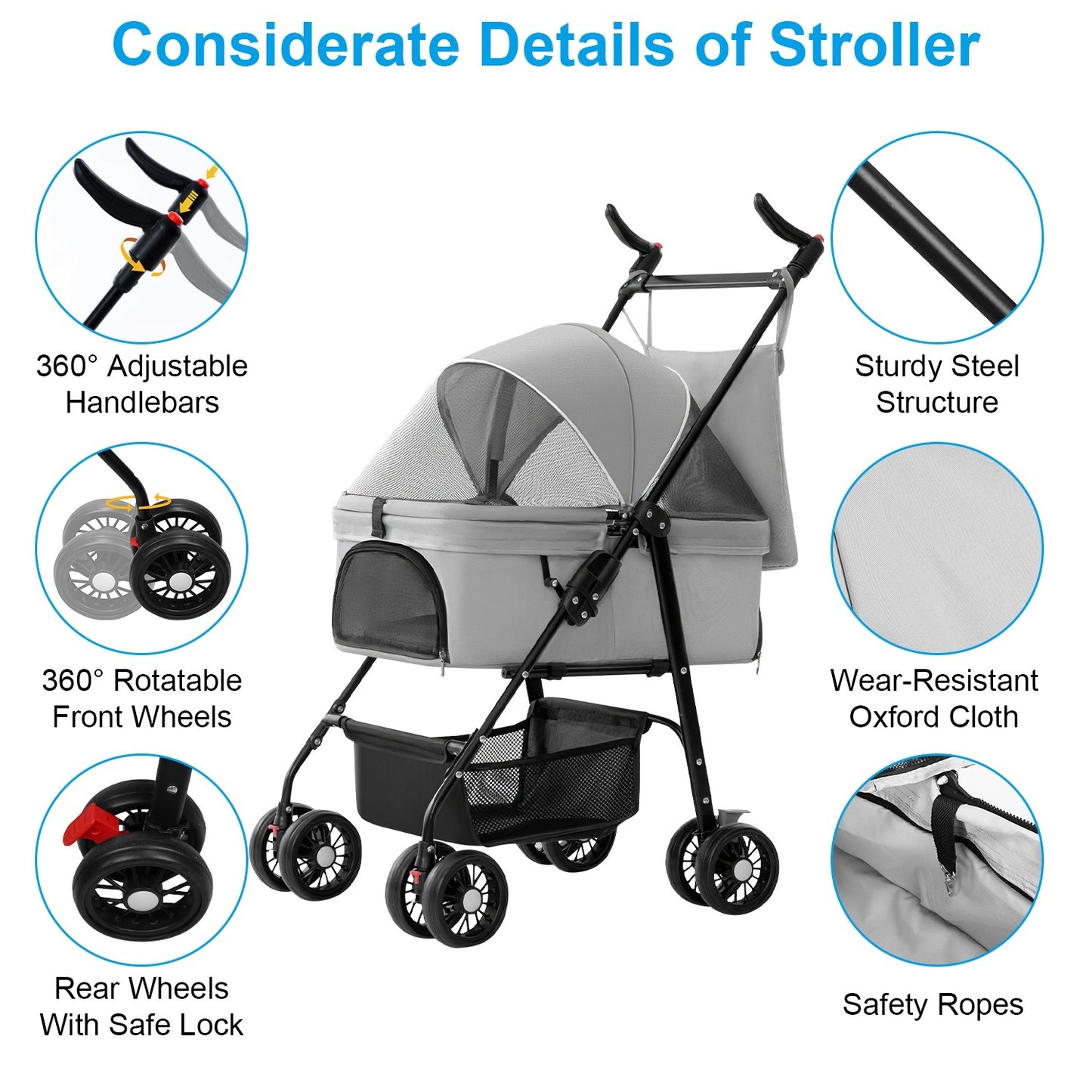 1Pc 4-Wheels Pet Stroller Foldable Carrier Strolling Cart Travel Jogger Pet Stroller With Removable Liner Storage Basket For Dog Cat