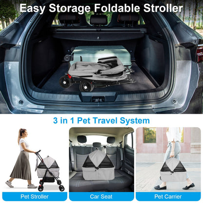 1Pc 4-Wheels Pet Stroller Foldable Carrier Strolling Cart Travel Jogger Pet Stroller With Removable Liner Storage Basket For Dog Cat